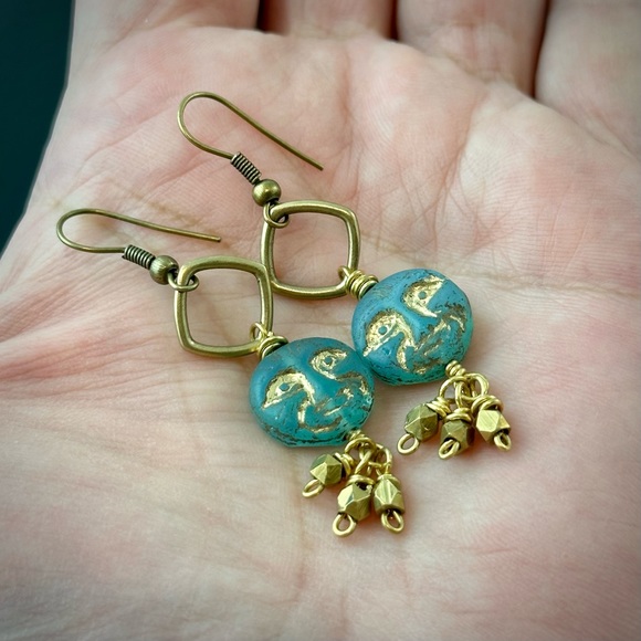 Blue Czech Glass Moon Face w/Brass Dangles, Handmade Artisan Celestial Earrings - Picture 10 of 12